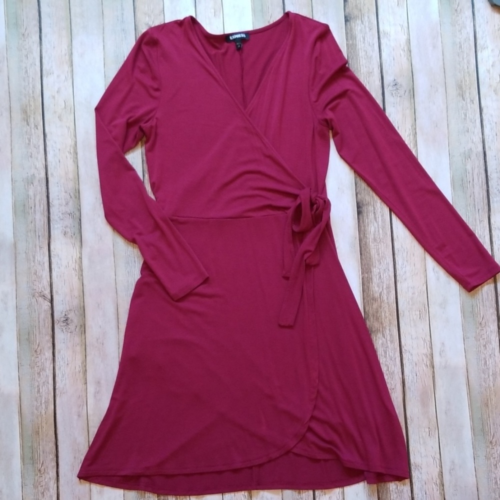 Long Sleeve Wrap Dress - Maroon